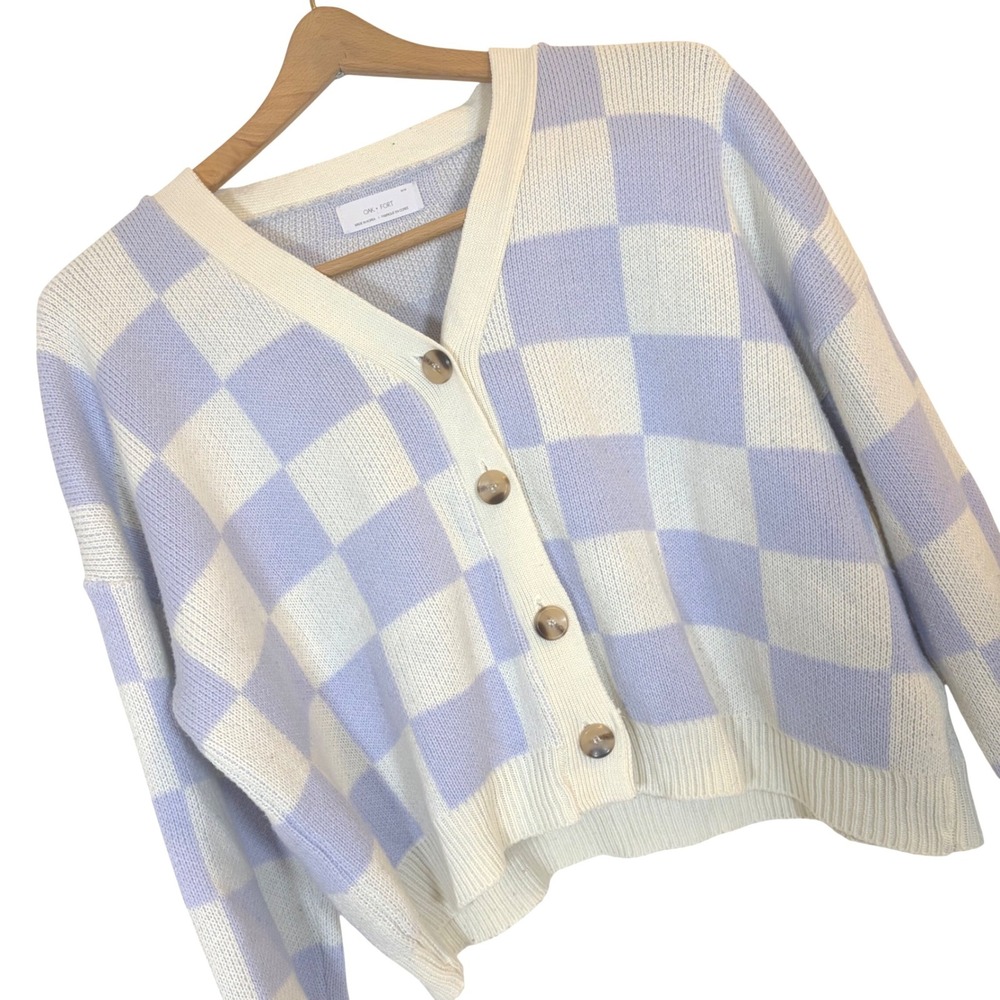 Oak + Fort Lavender White Checkered Cropped Cardigan Sweater Size M Purple Knit